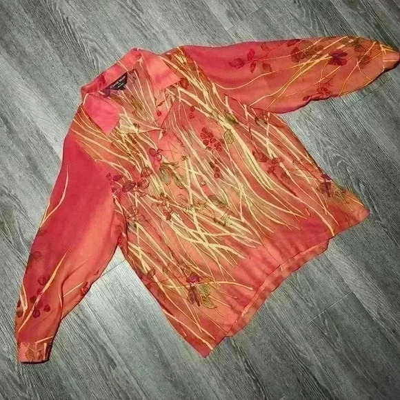 Vintage 90s  orange autumn leaves flowy button-up shirt - Picture 10 of 16